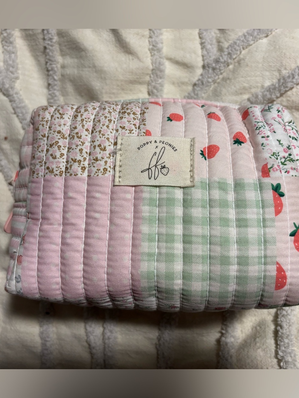 RARE Poppy & Peonies Quilted Patchwork cosmetic case  - Pink & Green